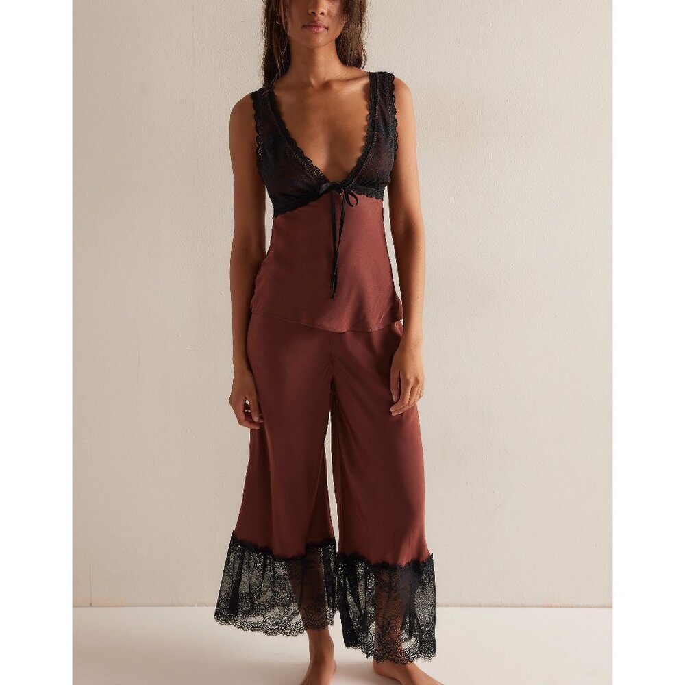 Free People Brown & Black Lace Satin Pajama Set